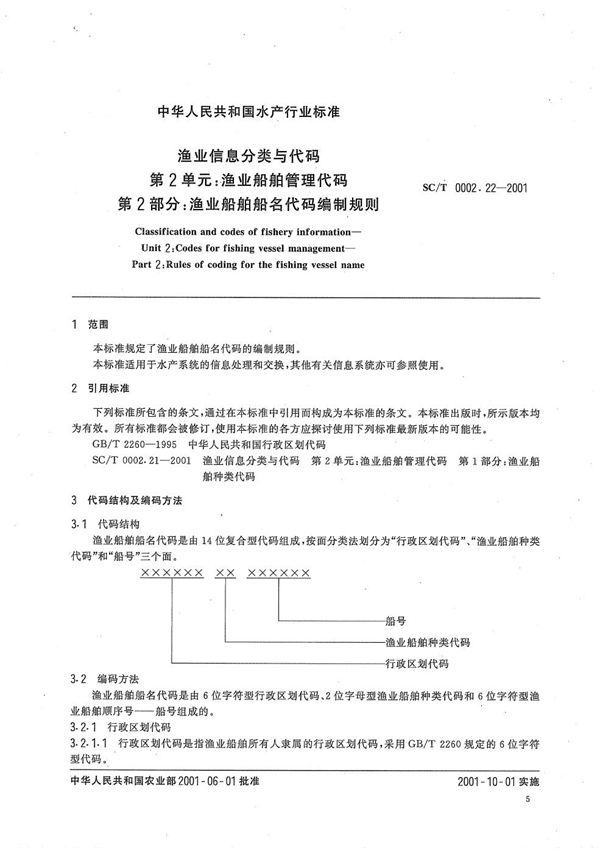 渔业信息分类与代码 第2单元：渔业船舶管理代码 第2部分：渔业船舶船名代码编制规则 (SC/T 0002.22-2001）