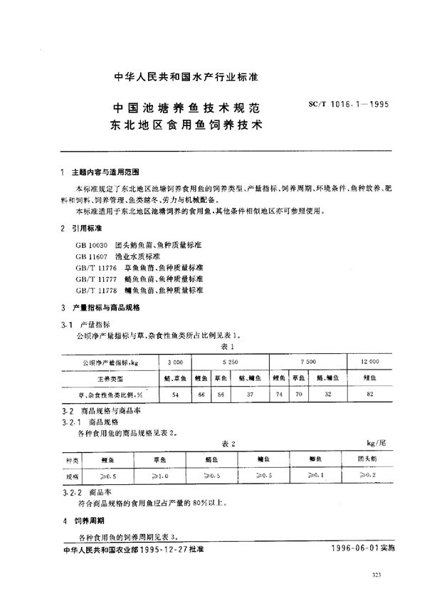 中国池塘养鱼技术规范 东北地区食用鱼饲养技术 (SC/T 1016.1-1995)