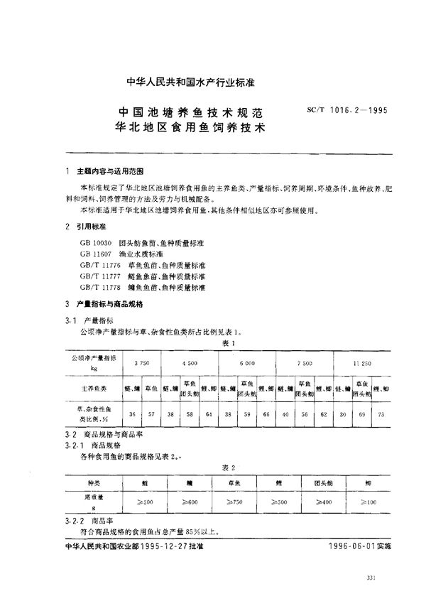 中国池塘养鱼技术规范 华北地区食用鱼饲养技术 (SC/T 1016.2-1995)