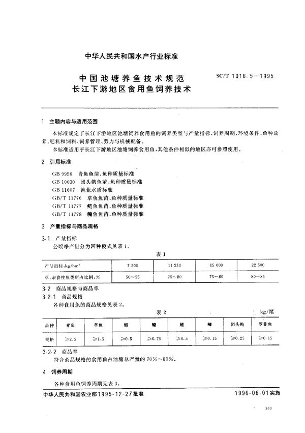 中国池塘养鱼技术规范 长江下游地区食用鱼饲养技术 (SC/T 1016.5-1995)