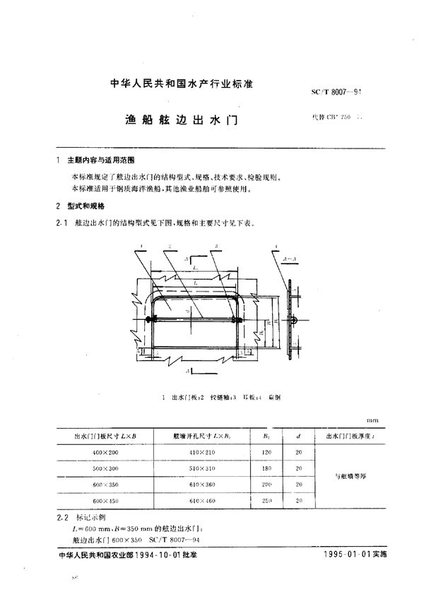 渔船舷边出水门 (SC/T 8007-1994)