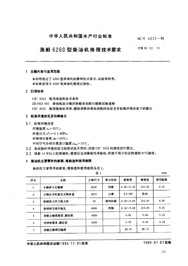 渔船6260型柴油机修理技术要求 (SC/T 8022-1994)