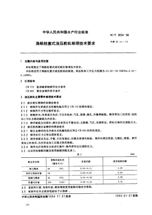 渔船柱塞式液压舵机修理技术要求 (SC/T 8034-1994)