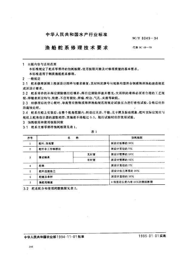 渔船舵系修理技术要求 (SC/T 8049-1994)