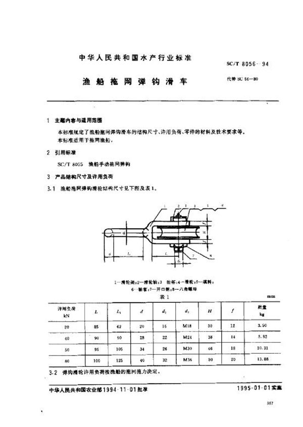 渔船拖网弹钩滑车 (SC/T 8056-1994)