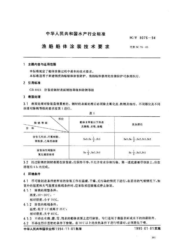 渔船船体涂装技术要求 (SC/T 8076-1994)