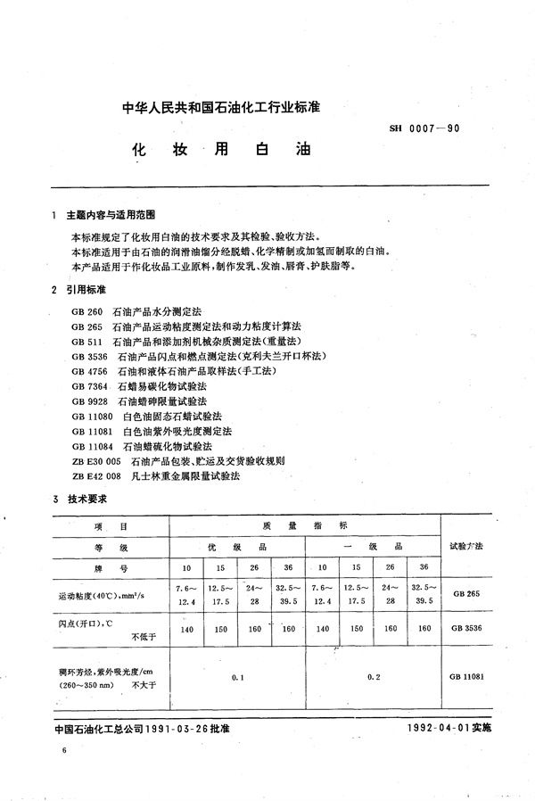 化妆用白油 (SH 0007-1990）