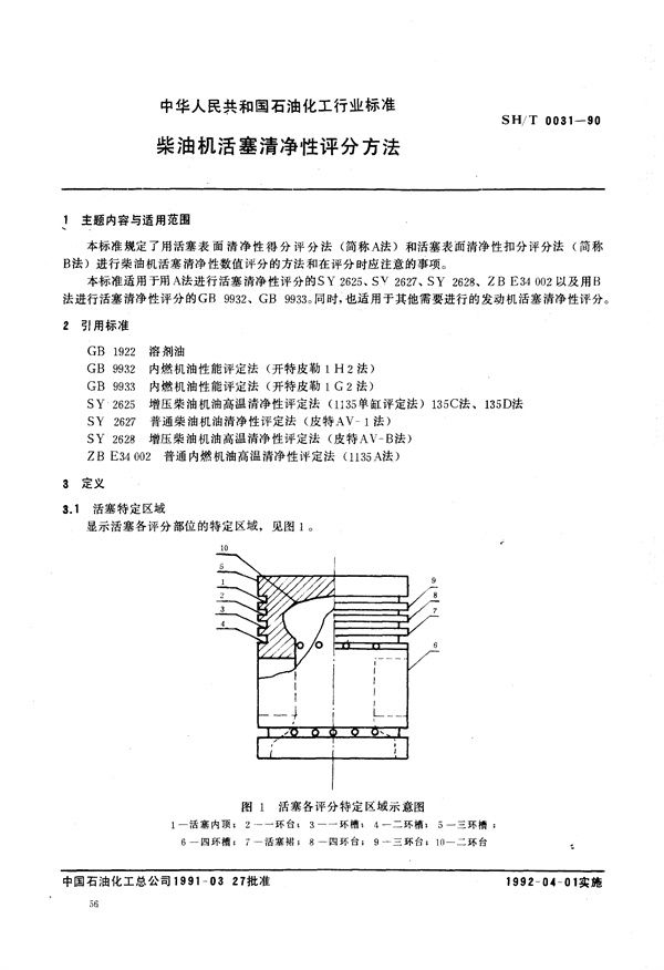 柴油机活塞清净性评分方法 (SH/T 0031-1990）