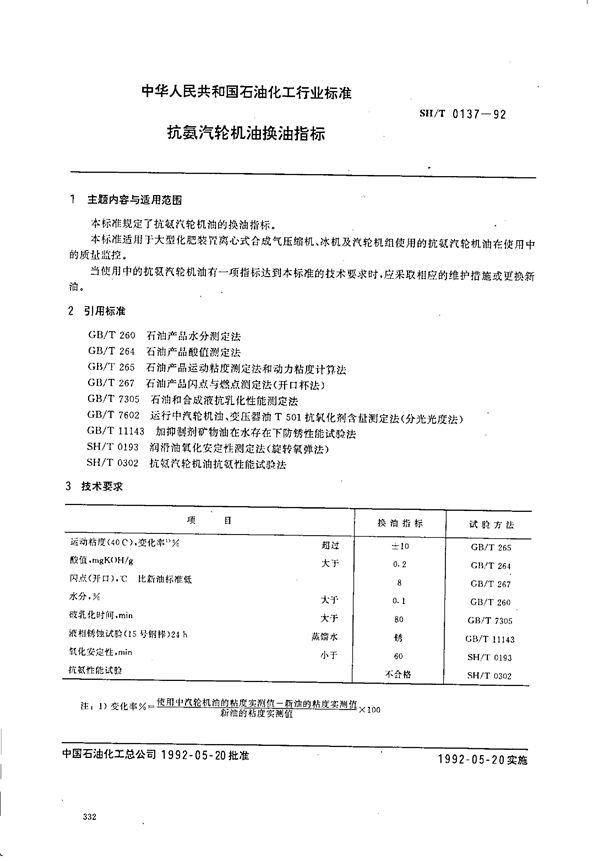 抗氨汽轮机油换油指标 (SH/T 0137-1992）