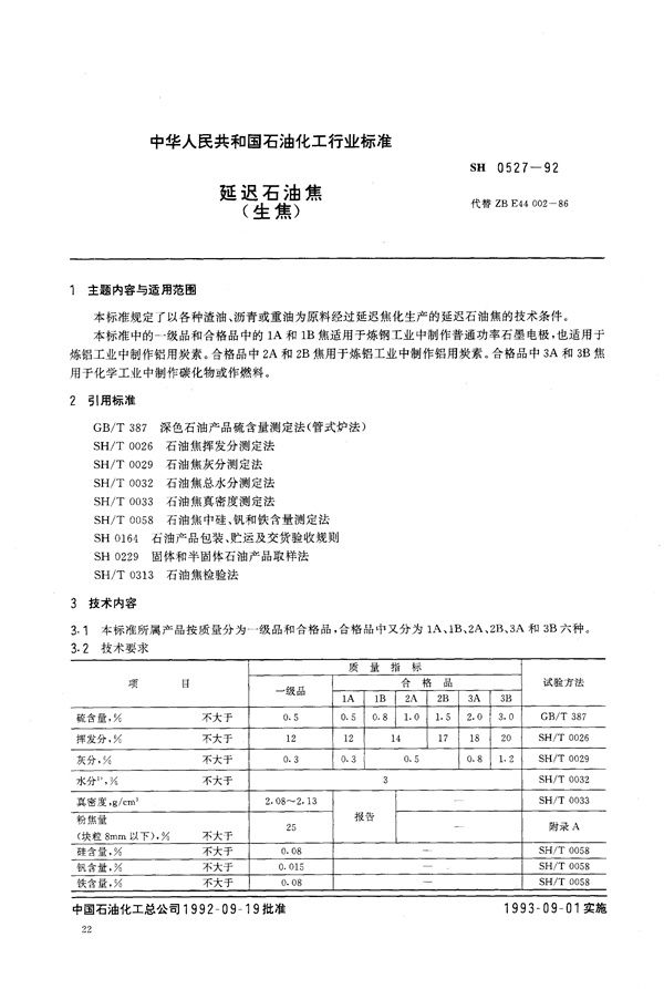 延迟石油焦（生焦） (SH/T 0527-1992）