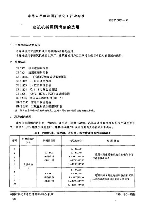 建筑机械用润滑剂的选用 (SH/T 0601-1994)