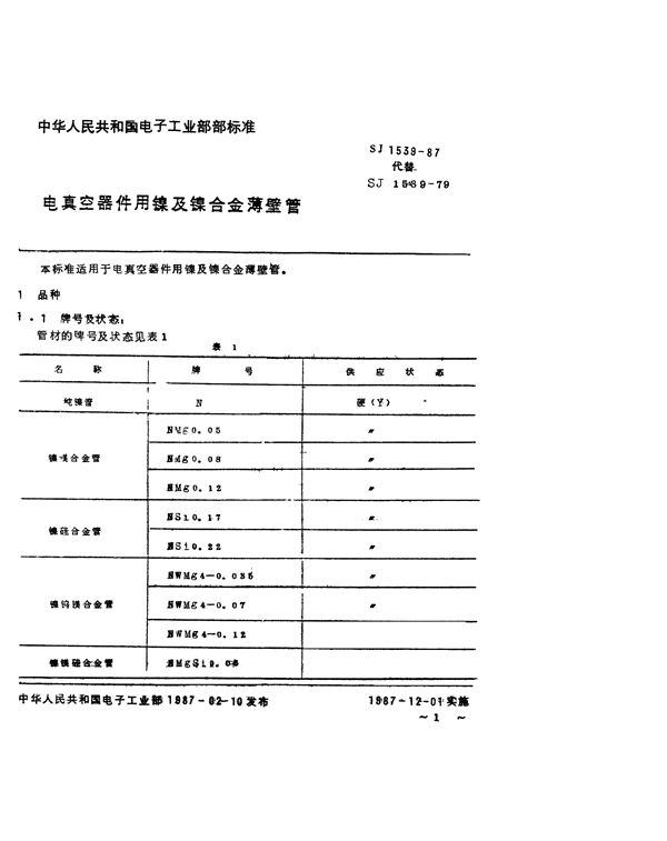 电真空器件用镍及镍合金薄壁管 (SJ 1539-1987)