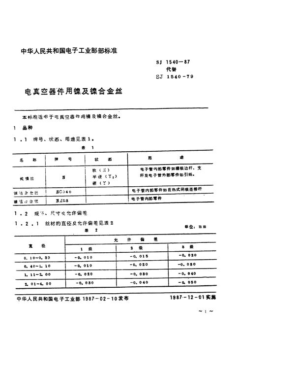 电真空器件用镍及镍合金丝 (SJ 1540-1987)