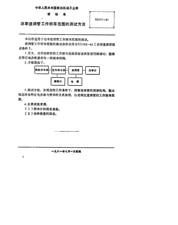 功率速调管工作频率范围的测试方法 (SJ 1711-1981)