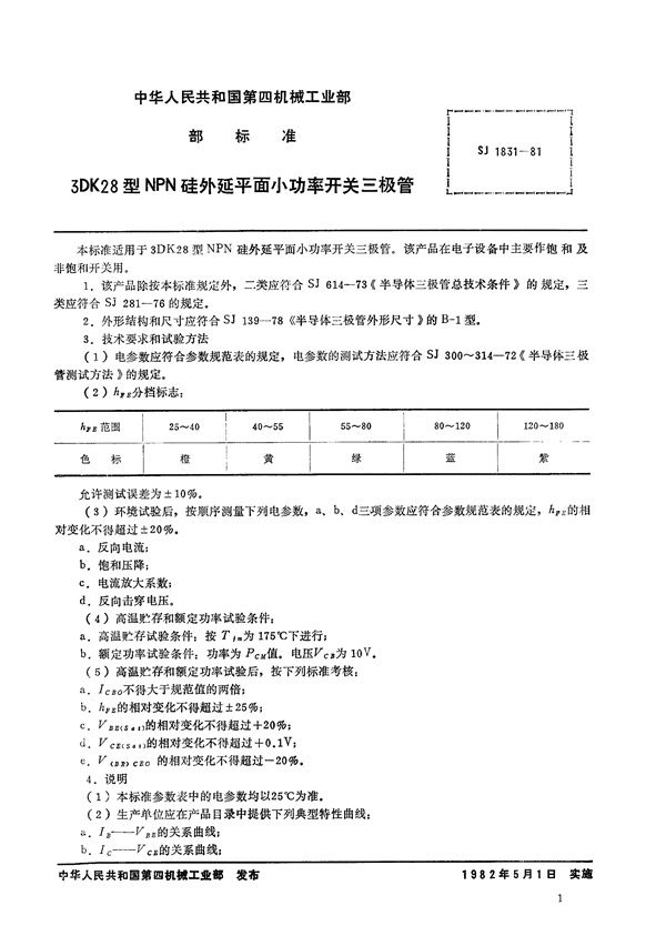 3DK28型NPN硅外延平面小功率开关三极管 (SJ 1831-1981)