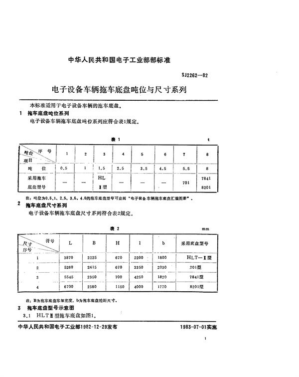 电子设备车辆拖车底盘吨位与尺寸系列 (SJ 2262-1982)