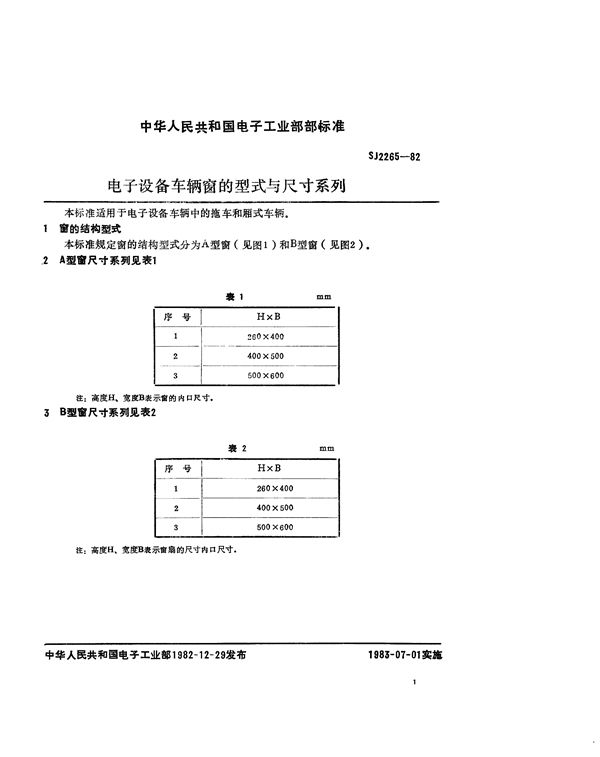 电子设备车辆窗的型式与尺寸系列 (SJ 2265-1982)