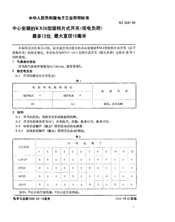 中心安装的KX06型旋转片式开关(低电负荷) 最多12位、最大直径16毫米 (SJ 2687-1986)