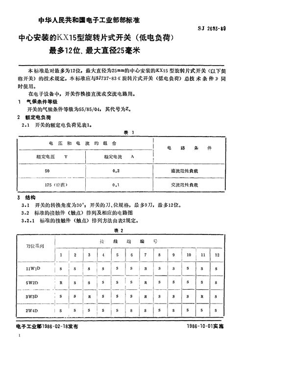 中心安装的KX15型旋转片式开关(低电负荷) 最多12位、最大直径25毫米 (SJ 2693-1989)