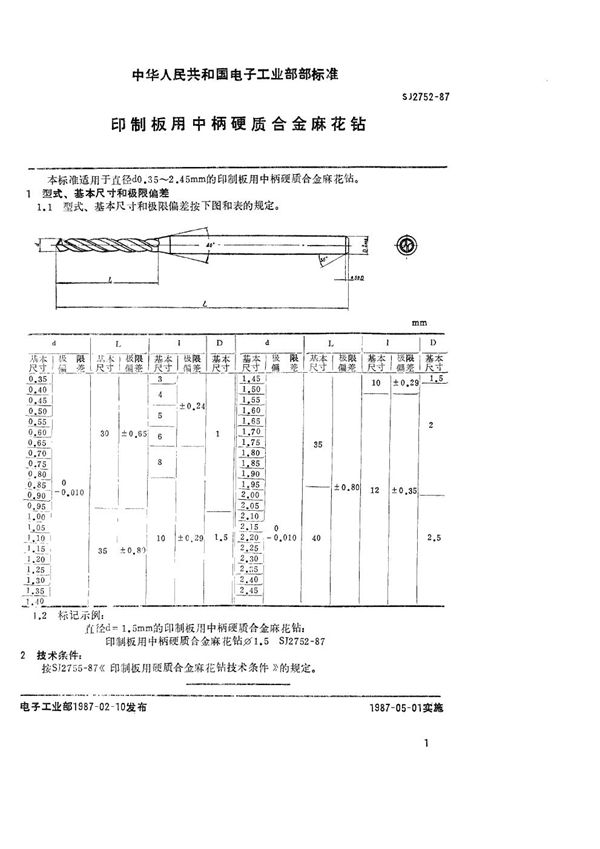 印制板用中柄硬质合金麻花钻 (SJ 2752-1987)