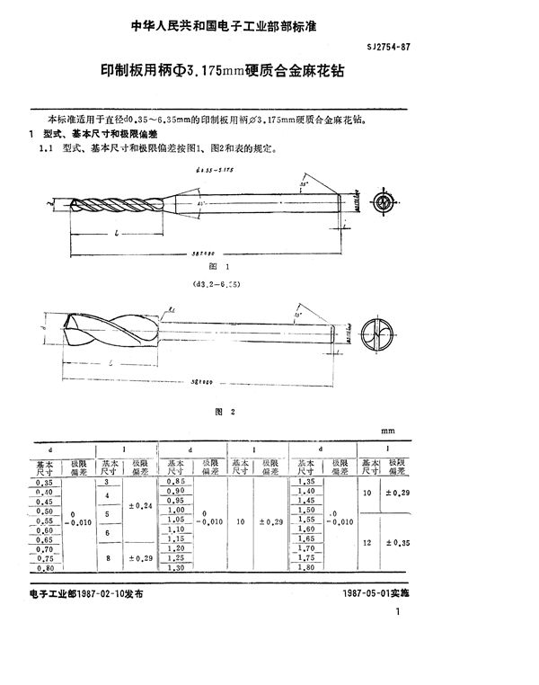 印制板用柄φ3.175mm硬质合金麻花钻 (SJ 2754-1987)