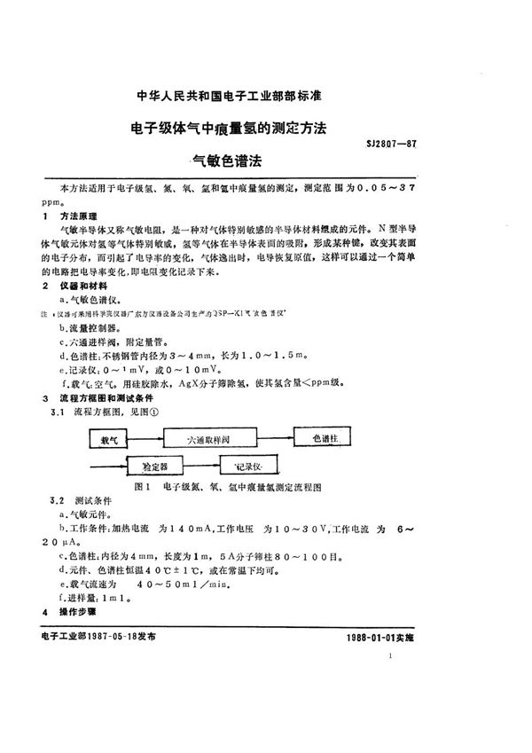 电子级体气中痕量氢的测定方法气敏色谱法 (SJ 2807-1987)