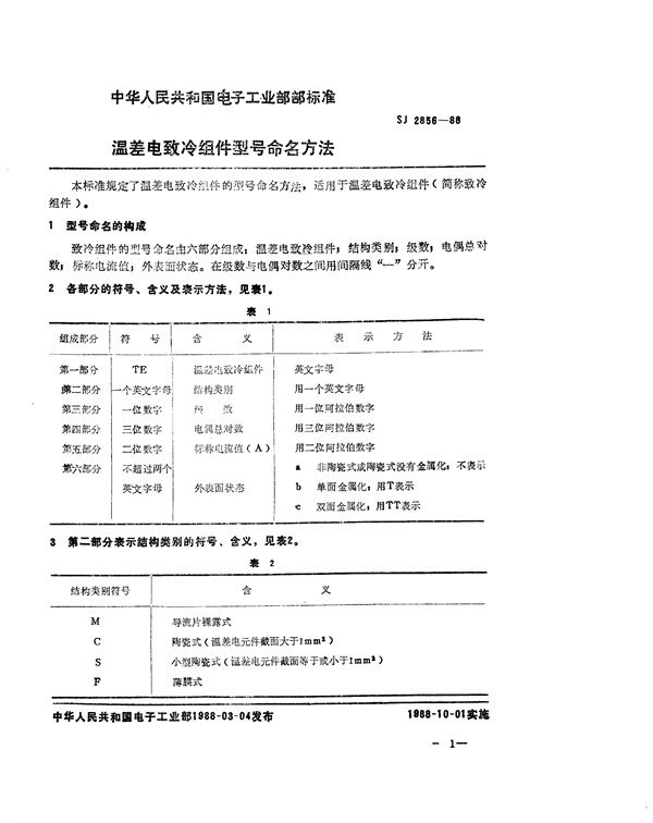 温差电致冷组件型号命名方法 (SJ 2856-1988)