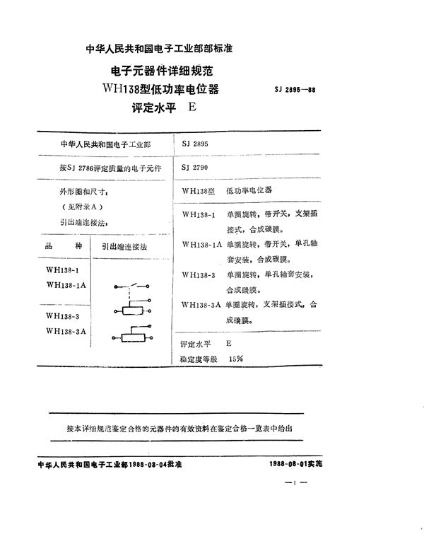 电子元器件详细规范 WH138型低功率电位器 评定水平E (SJ 2895-1988)