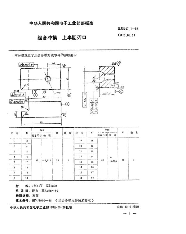 组合冲模 上半圆刃口 (SJ 3007.1-1988)