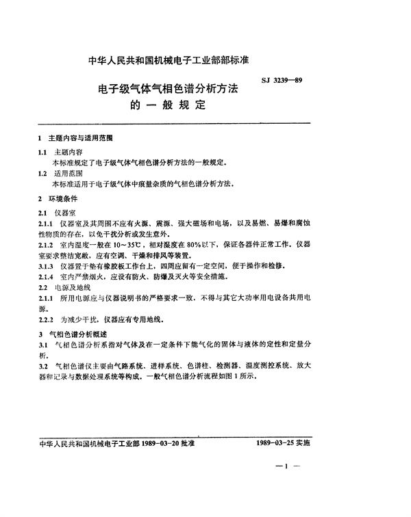 电子级气体气相色谱分析方法的一般规定 (SJ 3239-1989)