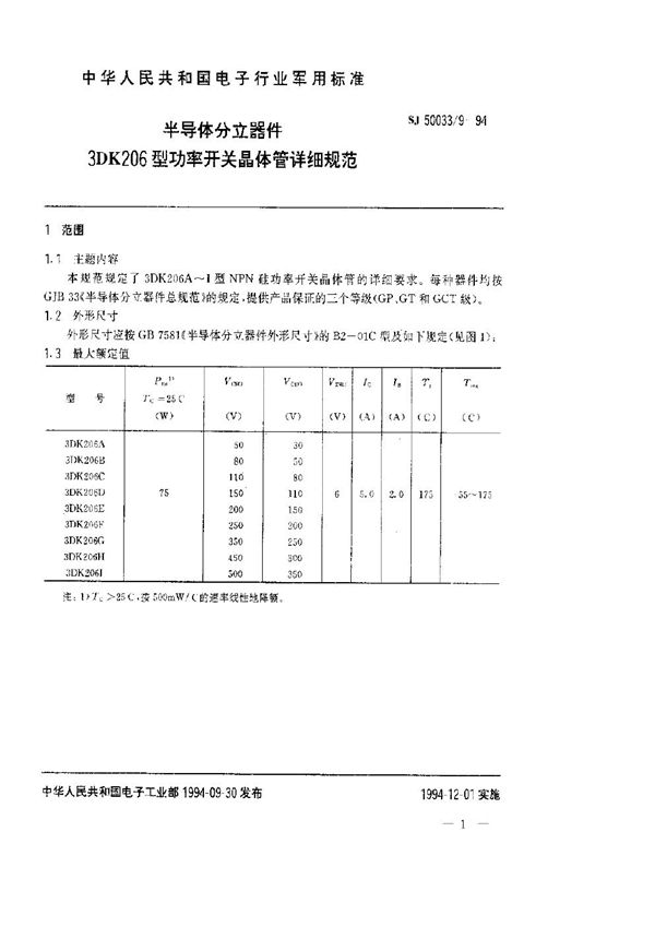 半导体分立器件.3DK206型功率开关晶体管详细规范 (SJ 50033.9-1994)