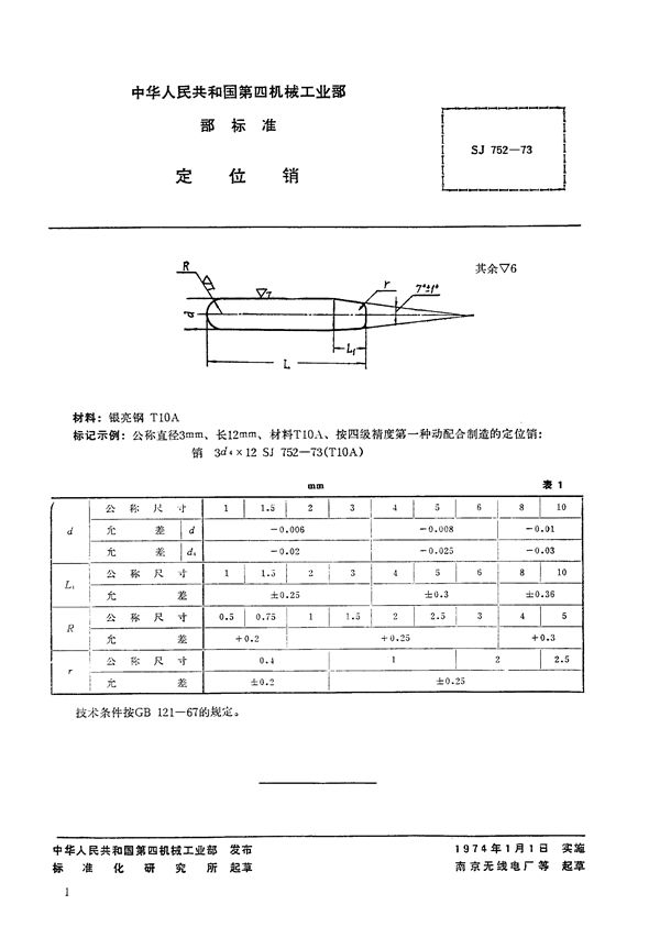 定位销 (SJ 752-1973)