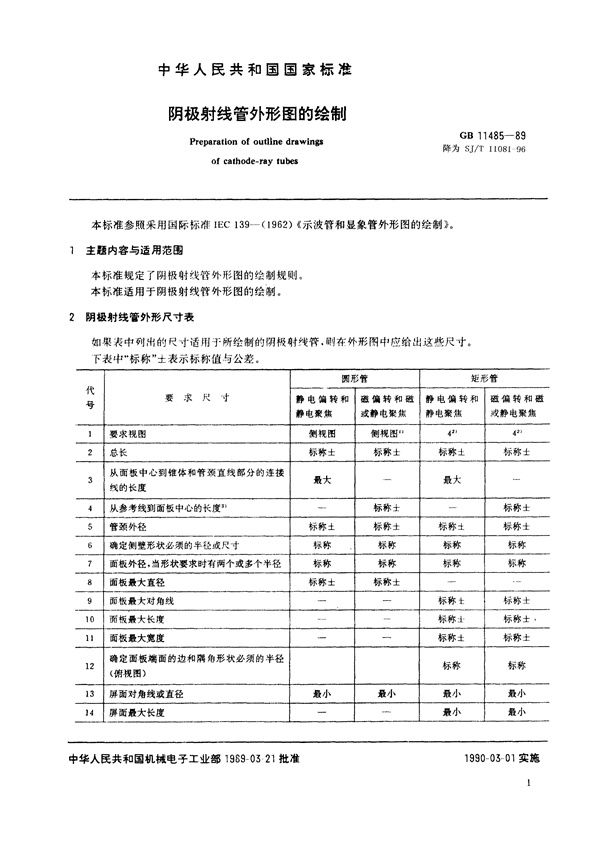 阴极射线管外形图的绘制 (SJ/T 11081-1996)