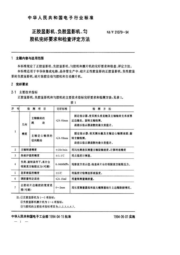 正、负胶显示影机、匀胶机完好要求和检查评定方法 (SJ/T 31079-1994)