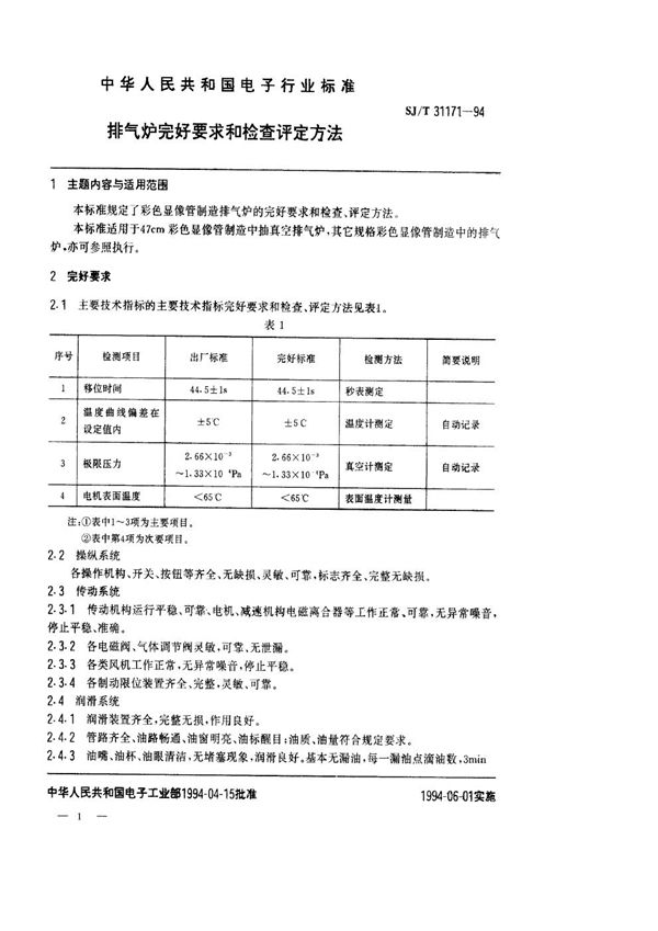 排气炉完好要求和检查评定方法 (SJ/T 31171-1994)