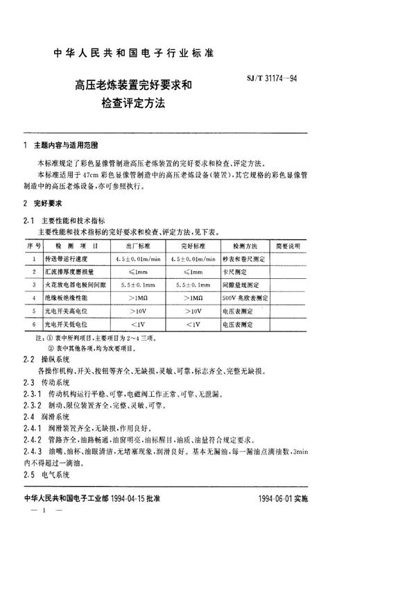 高压老练装置完好要求和检查评定方法 (SJ/T 31174-1994)