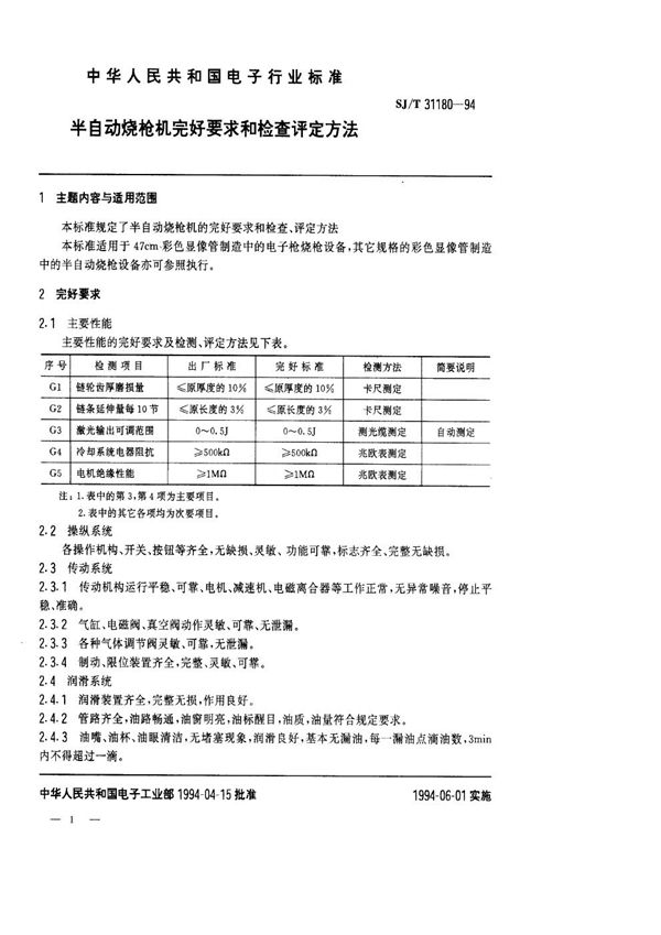 半自动烧枪机完好要求和检查评定方法 (SJ/T 31180-1994)