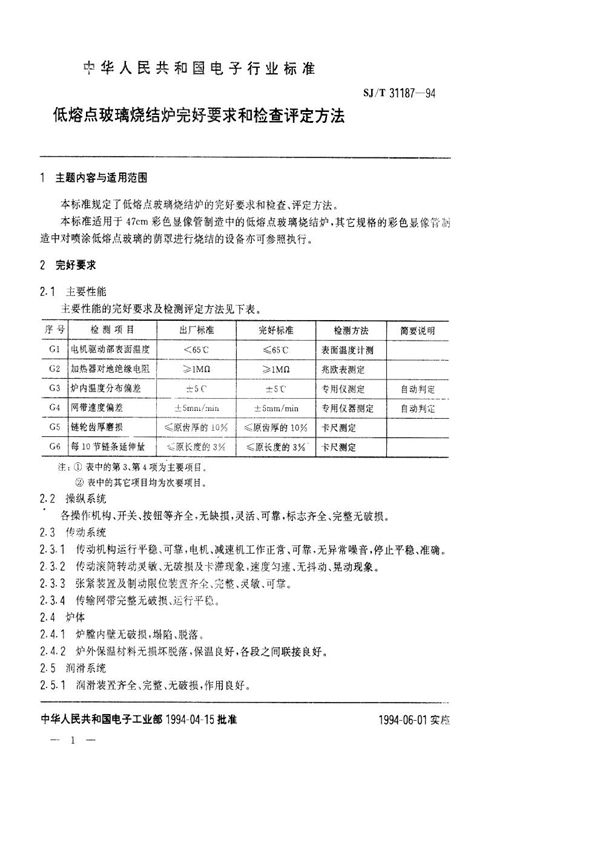 低熔点玻璃烧结炉完好要求和检查评定方法 (SJ/T 31187-1994)