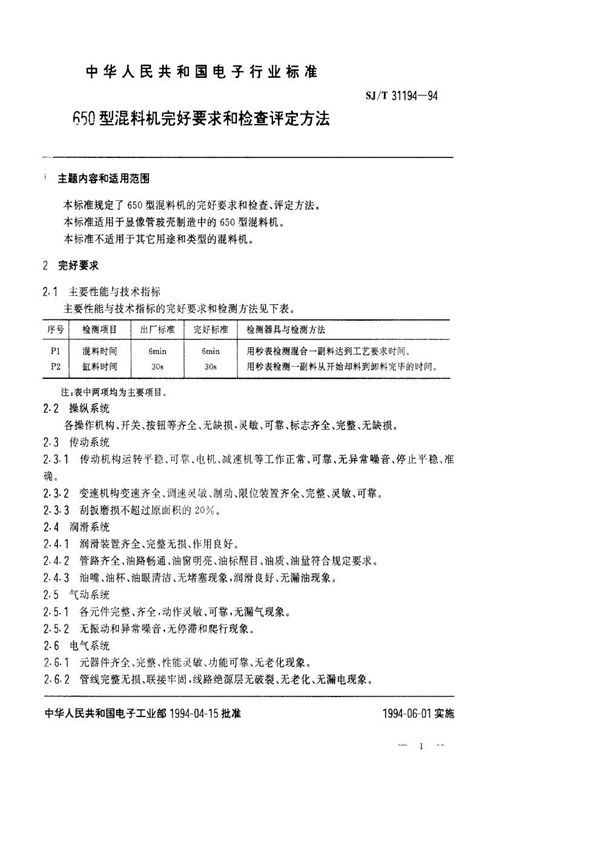 650型混料机完好要求和检查评定方法 (SJ/T 31194-1994)