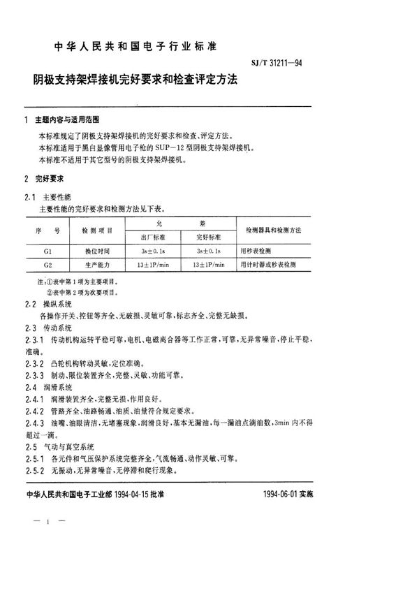 阴极支持架焊接机完好要求和检查评定方法 (SJ/T 31211-1994)