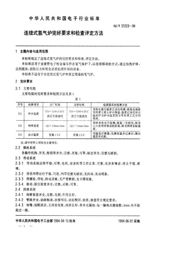 连续式氢气炉完好要求和检查评定方法 (SJ/T 31223-1994)