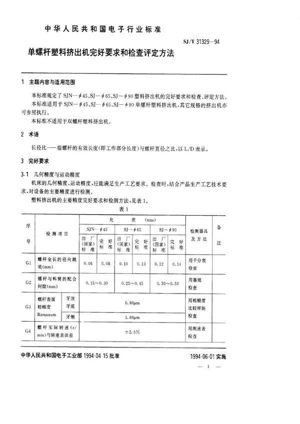 单螺杆塑料挤出机完好要求和检查评定方法 (SJ/T 31329-1994)