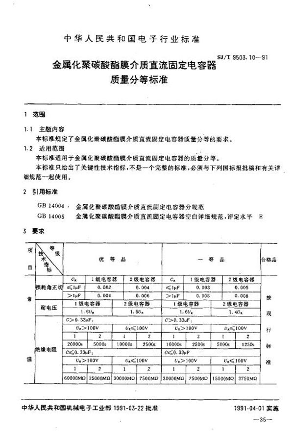 金属化聚碳酸酯膜介质直流固定电容器质量分等标准 (SJ/T 9503.10-1991)