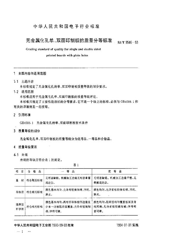 无金属化孔单、双面印制板的质量分等标准 (SJ/T 9546-1993)