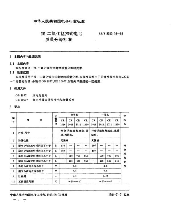 锂－二氧化锰扣式电池质量分等标准 (SJ/T 9550.16-1993)