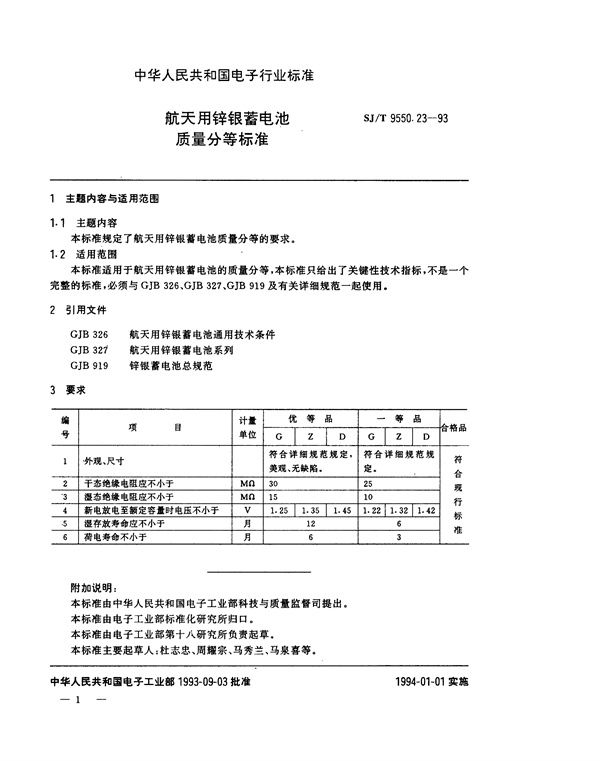 航天用锌银蓄电池质量分等标准 (SJ/T 9550.23-1993)