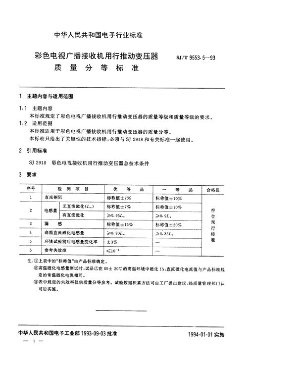 彩色电视广播接收机用行推动变压器质量分等标准 (SJ/T 9553.5-1993)