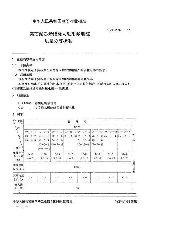 实芯聚乙烯绝缘同轴射频电缆质量分等标准 (SJ/T 9556.1-1993)