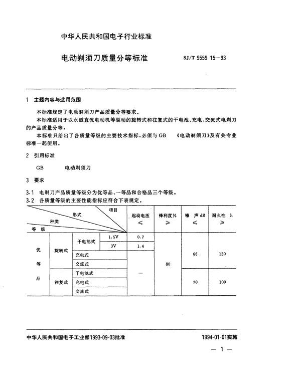 电动剃须刀质量分等标准 (SJ/T 9559.15-1993)