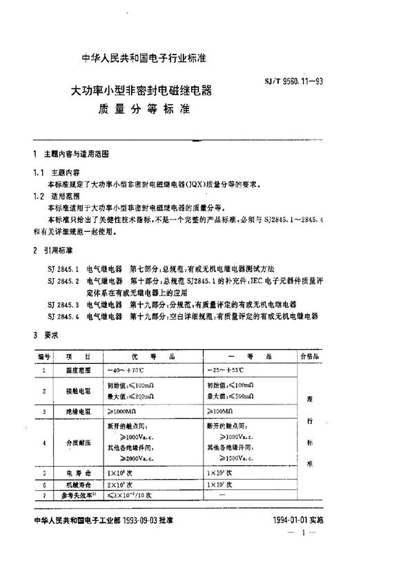 大功率小型非密封电磁继电器质量分等标准 (SJ/T 9560.11-1993)